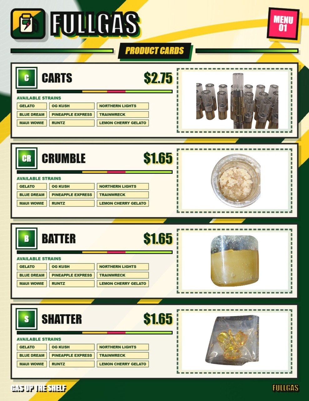 FullGas primary menu page 1